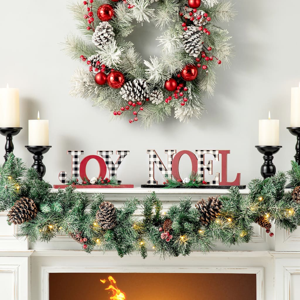 Glitzhome Christmas Wooden Plaid JOY NOEL Word Table Decor