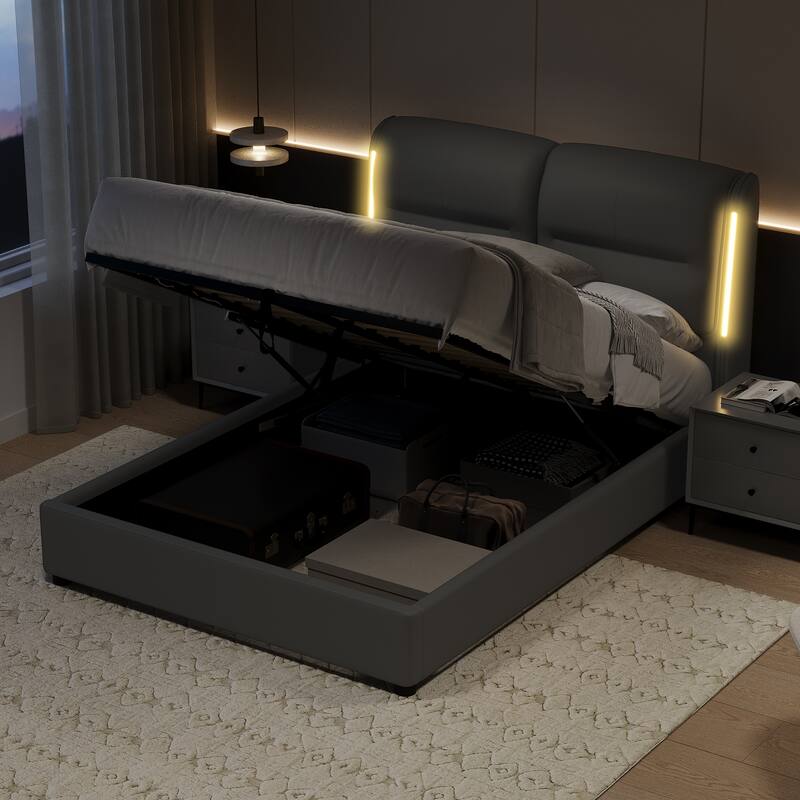 Roomfitters Upholstered Queen Size Hydraulic Platform Bed with Lift Up Storage and Sensor LED Lights,PU Leather Bed Frame