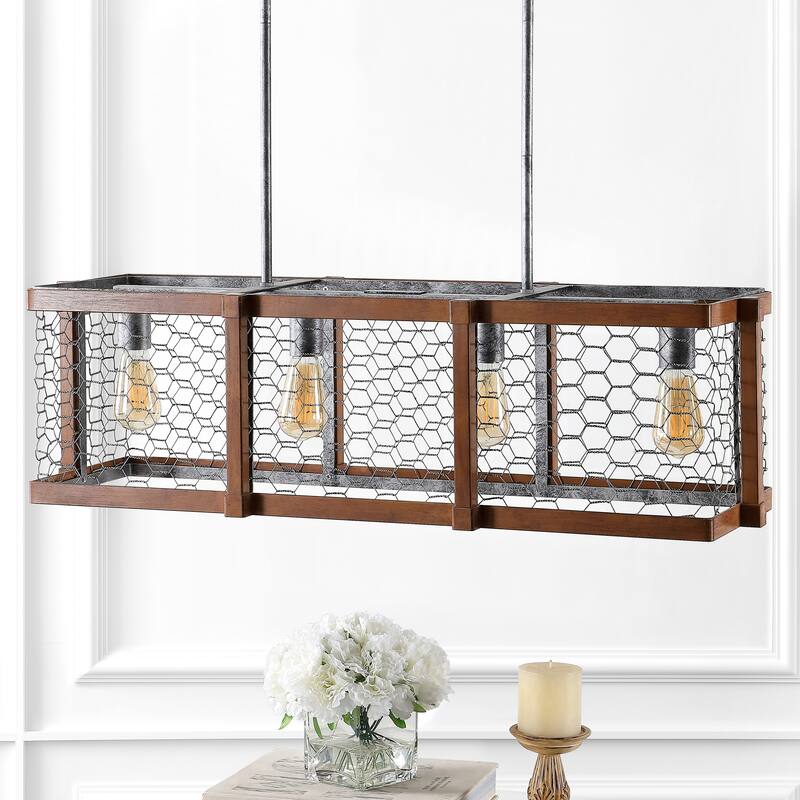 Gatsby 34.5" Linear 4-Light Adjustable Iron Rustic Industrial LED Pendant, Brown/Silver by JONATHAN Y