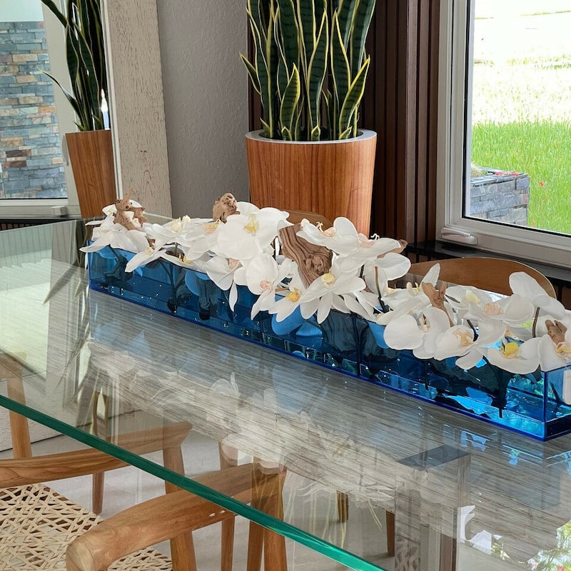 Blue Acrylic Casa Moderna Planter with White Orchids and Driftwood - 48"W X 8"H X 6"D