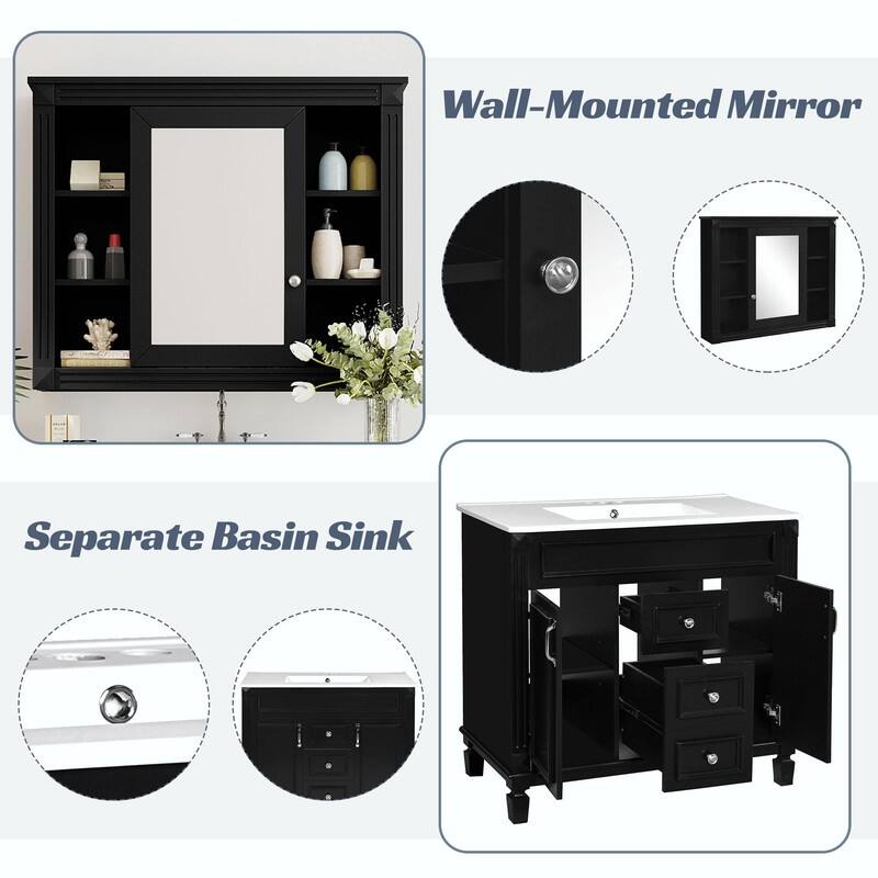 36'' Modern White Bathroom Vanity with Top Sink, Mirror Cabinet