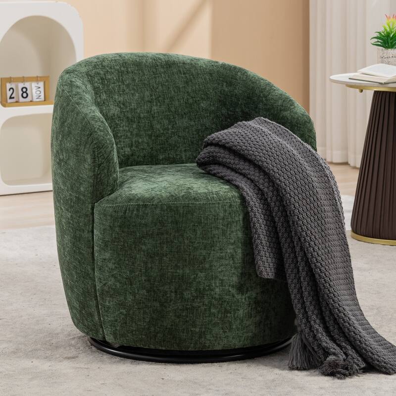 Green Chenille Modern 25.6" Upholstered Swivel Barrel Chair with Black Powder Coating and Metal Ring - Green Chenille