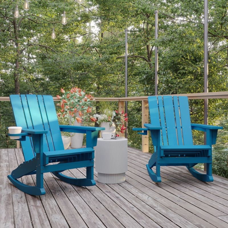 All-Weather Rocking Adirondack Chair with Swiveling Cupholder - Blue