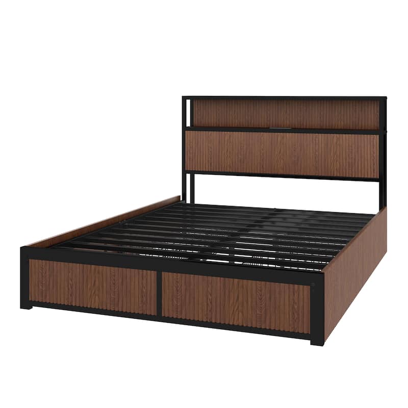 Queen Size Wooden Platform Storage Bed Frame with Drawers, USB Socket, and Brown Wood Finish