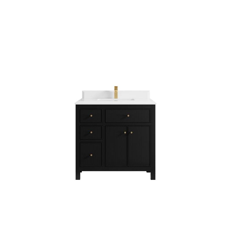 Willow Collections 36 in W x 22 in D Sonoma Center Sink Free Standing Reeded Bathroom Vanity with Countertop - 1.5" White Quartz - Black