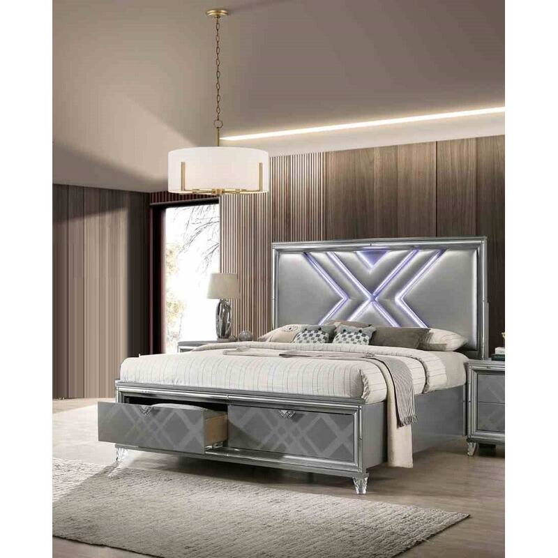Modern Silver Finish 1PC LED Footboard Drawers Bed