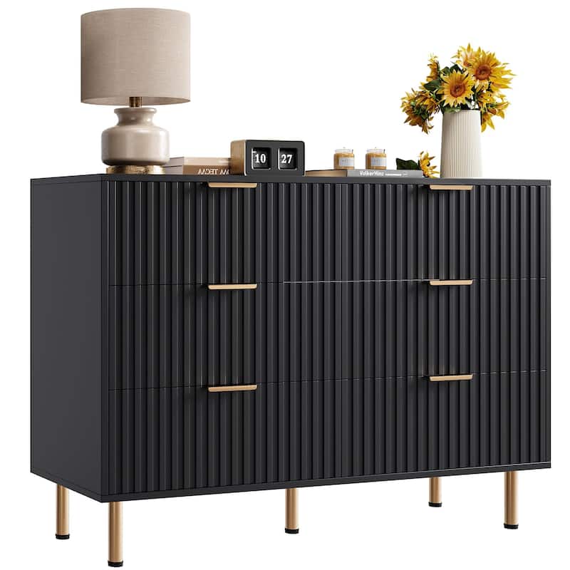 6 Drawer Fluted Dresser for Bedroom, Wide Modern Chest of Drawers, Long Double Dresser - Black