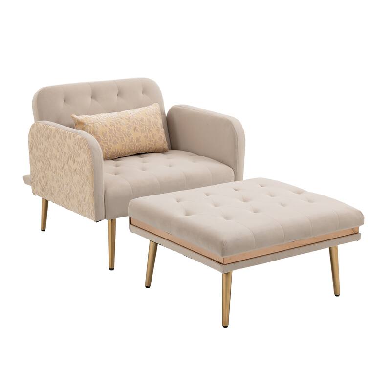 Velvet Upholstered Tufted Living Room Sleeper Chair With Ottoman