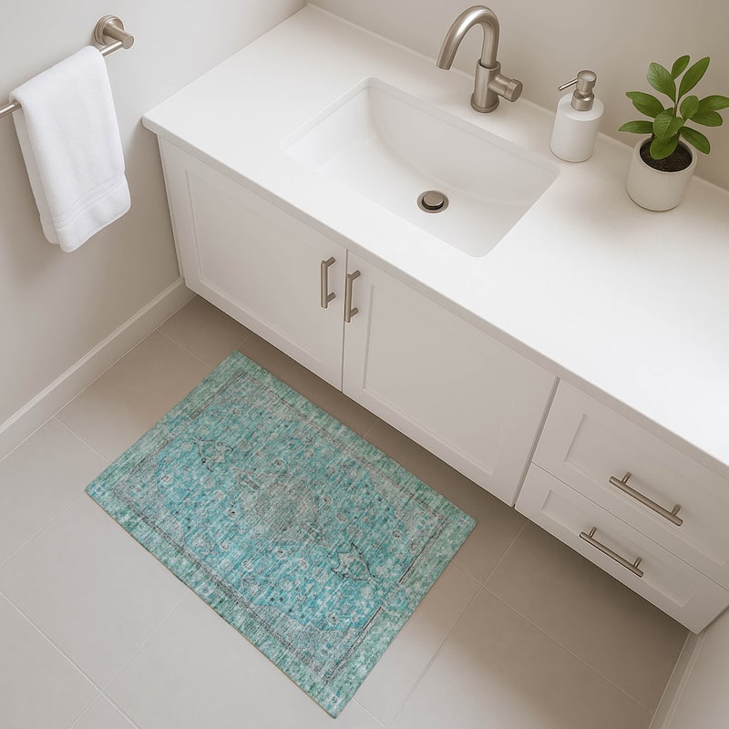 Premium Washable Super Soft Vintage Traditional Mayfield Rug - Aqua - 1'8" x 2'6"