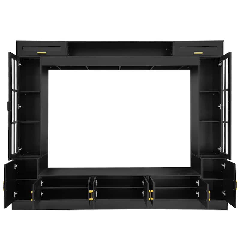 80 inch TV Stand, 8.4 ft Wall Unit Entertainment Center with Bookshelves & Glass Door Cabinets