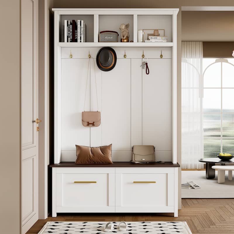 Elegant 4-in-1 Hall Tree with Golden Hooks, Wood Grain Bench, and Ample Storage