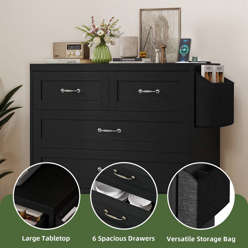 Vintage Double Dresser Chest of Drawers with Charging Station and Side Organizer Bag