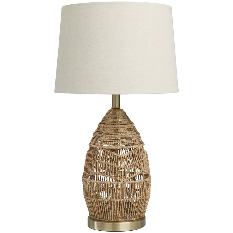 Wicker Wood Handmade Woven Room Table Lamp with Zig Zag Pattern and Gold Base - Brown - Roche River Decor - Brown