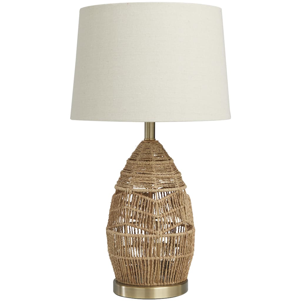 Wicker Wood Handmade Woven Room Table Lamp with Zig Zag Pattern and Gold Base - Brown - Roche River Decor