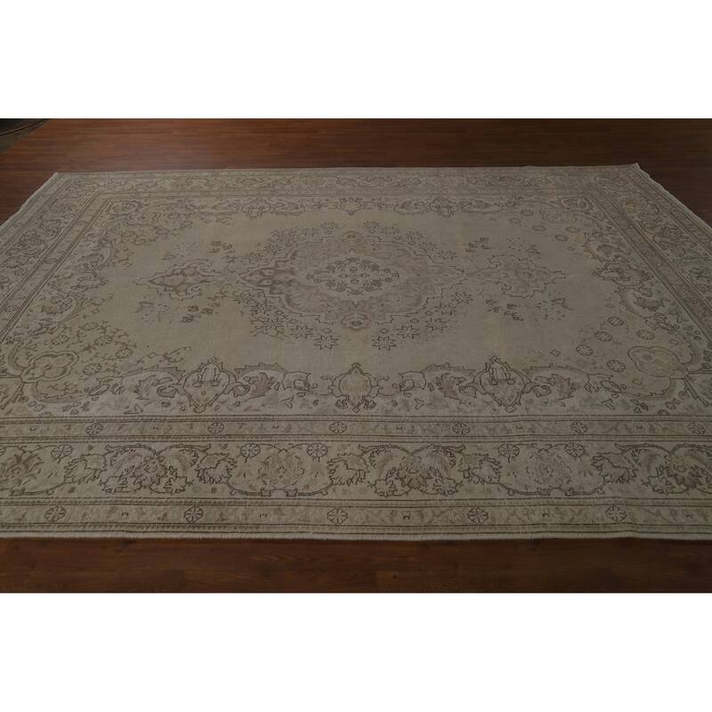 Tabriz Persian Vintage Rug Hand-Knotted Beige Oriental Wool Carpet - 8'2" x 11'2"