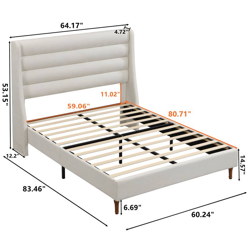 Queen Size Bed Frame High Headboard Upholstered Platform Bed with Wave - Shaped Headboard, Premium Chenille Fabric