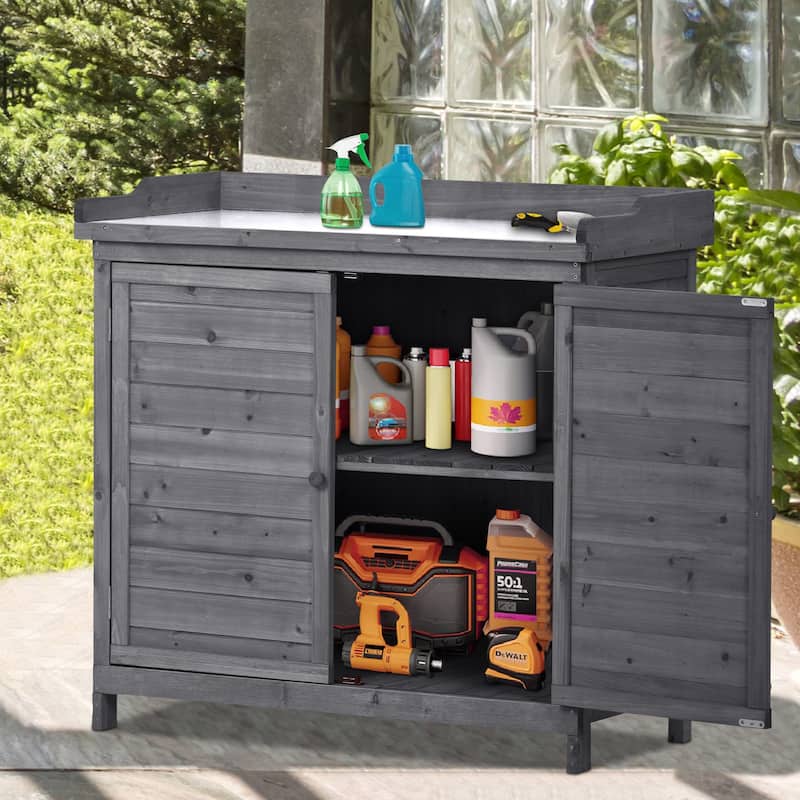 Outdoor Potting Bench, Garden Potting Table, Shelves, Metal Tabletop - 39x19.1x37.4inch(LXWXH)