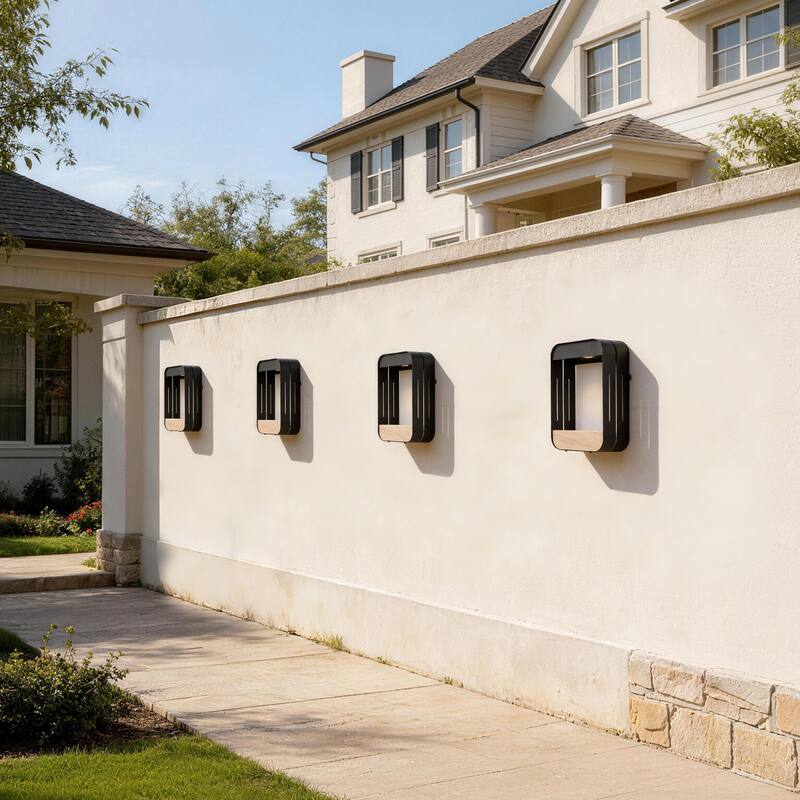 Outdoor Solar LED Wall Lantern Metal Wood-grain Shelf Sconce(4-pack) - Medium - Black