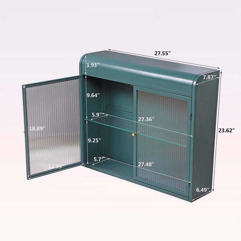 2-Door Wall-Mounted Metal Storage Cabinet with Tempered Glass Doors & Shelves for Bathroom,Kitchen,Living Room & Office