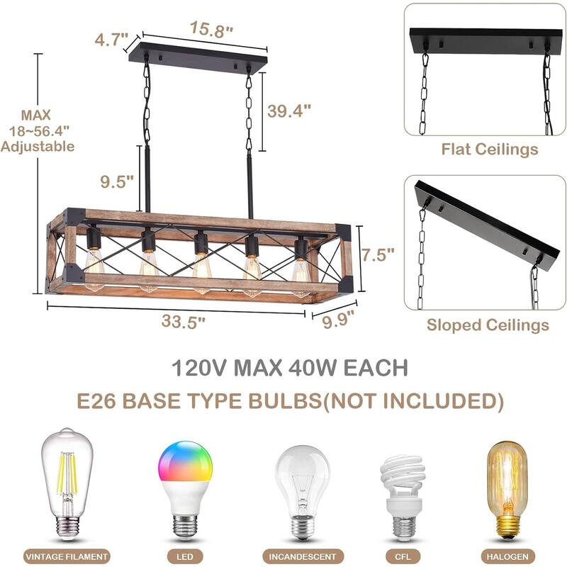 Farmhouse Kitchen Island Lighting,5-Light Dining Room Light Fixture,Farmhouse Linear Chandelier with Solid Wood for Dining Room