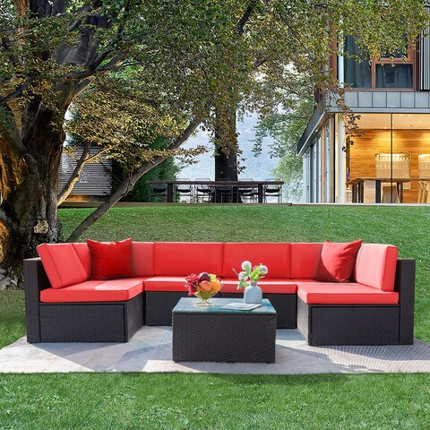 Lacoo 7 Pieces Outdoor Sectional Sofa Wicker Rattan Conversation Sets