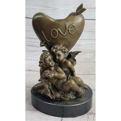 Bronze Candle Holder Cherubim Hearts Love Valentines Romance 9 Inches X 6 Inches