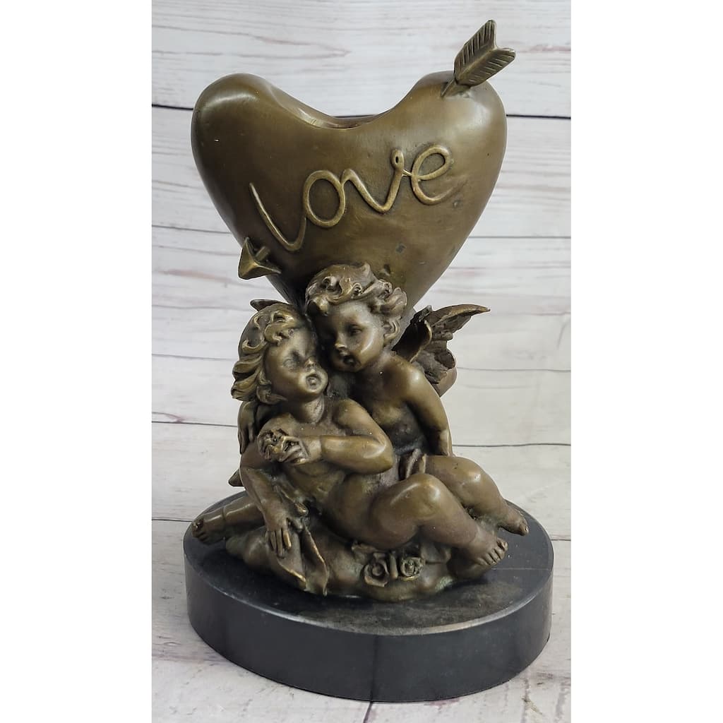Bronze Candle Holder Cherubim Hearts Love Valentines Romance 9 Inches X 6 Inches