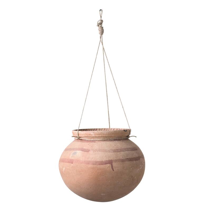 Clay Planter Pot with Painted Design and Jute Rope, Terra-cotta - Orange - Orange - Orange