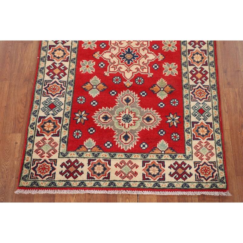 Kazak Accent Rug Hand-Knotted Geometric Red Wool Carpet - 2'10" x 4'1"