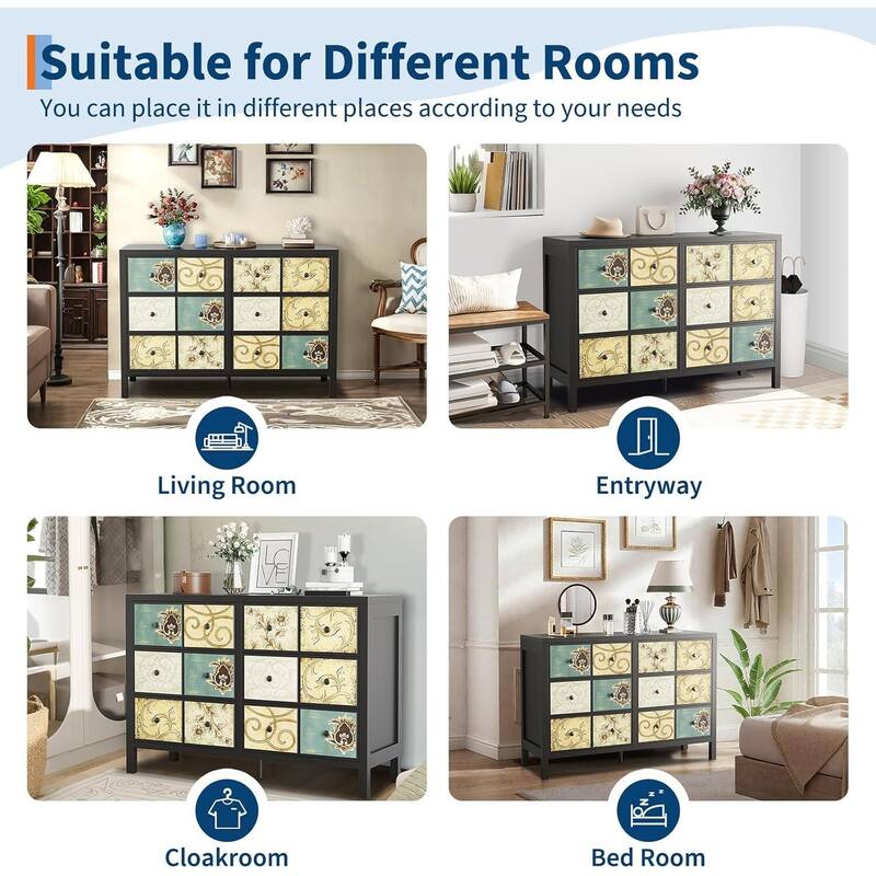 Retro Pattern 6 Drawers Dresser for Bedroom, Living Room, Hallway