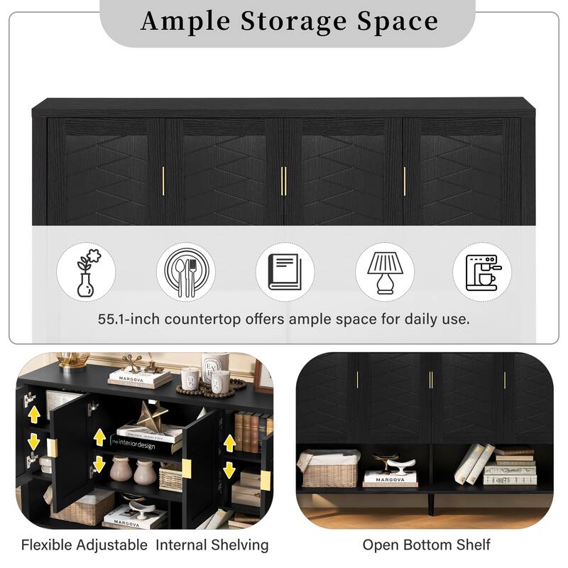 4 Doors Storage Sideboard with Open Shelf and 2-Tiers Adjustable Shelves, Multi Functional Buffet with 2 Side Hooks