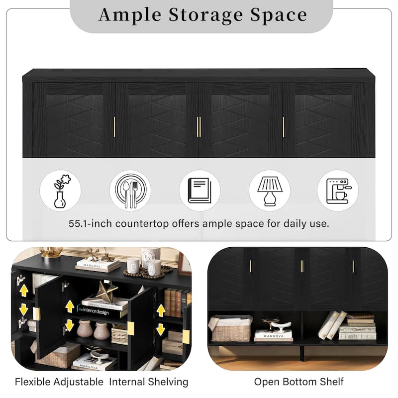55.1" Modern Sideboard Buffet Cabinet with 4 Doors, Open Shelf, Adjustable Shelves & Side Hooks for Living Room or Dining