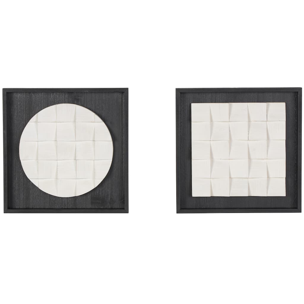 Wood Geometric 3D Cube Grid Wall Decor with Black Frames - Set of 2 White - Roche River Decor