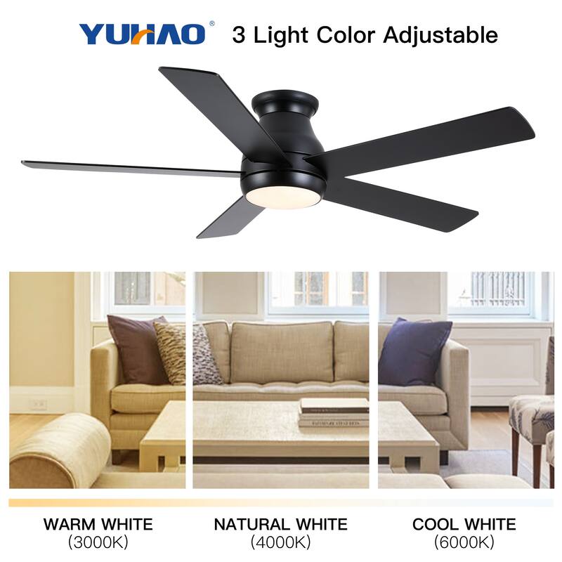 YUHAO AeroLite 48 in. Indoor White Low Profile Standard Ceiling Fan with Bright White Integrated LED Light Kit, Remote Included