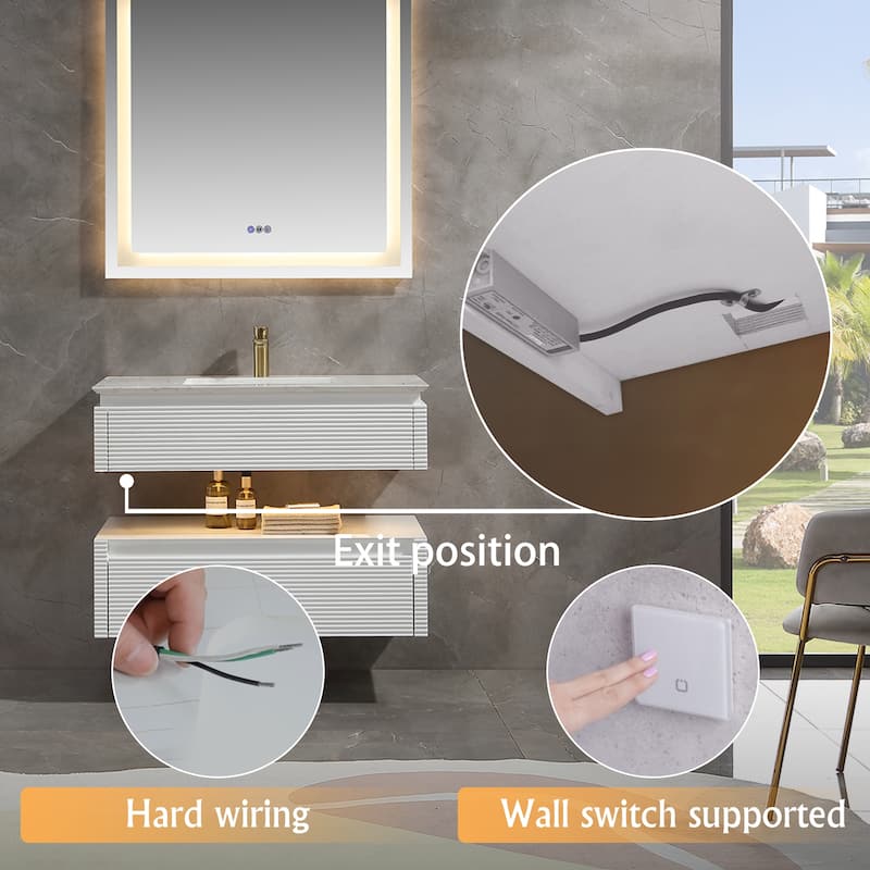 Modland 36/48 Inch LED Floating Vanity with Marble Top & Soft-Close Drawer - Green/White, Wall Drain Ready