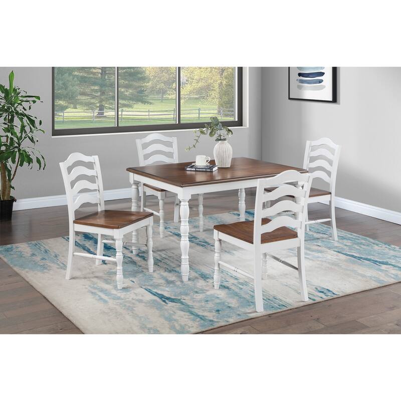 5-Piece Ranch Style Dining Set with Oak Top Table & Ladder Back Chairs - White+Oak
