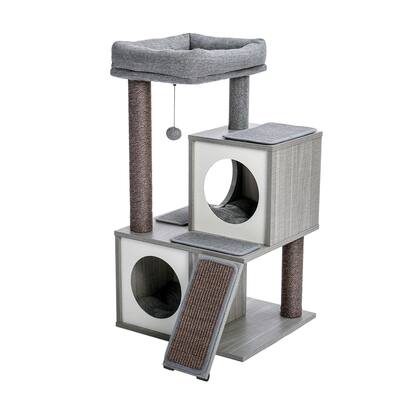 35 In. H Gray Cat Tower with Double Condos and Scratching Post