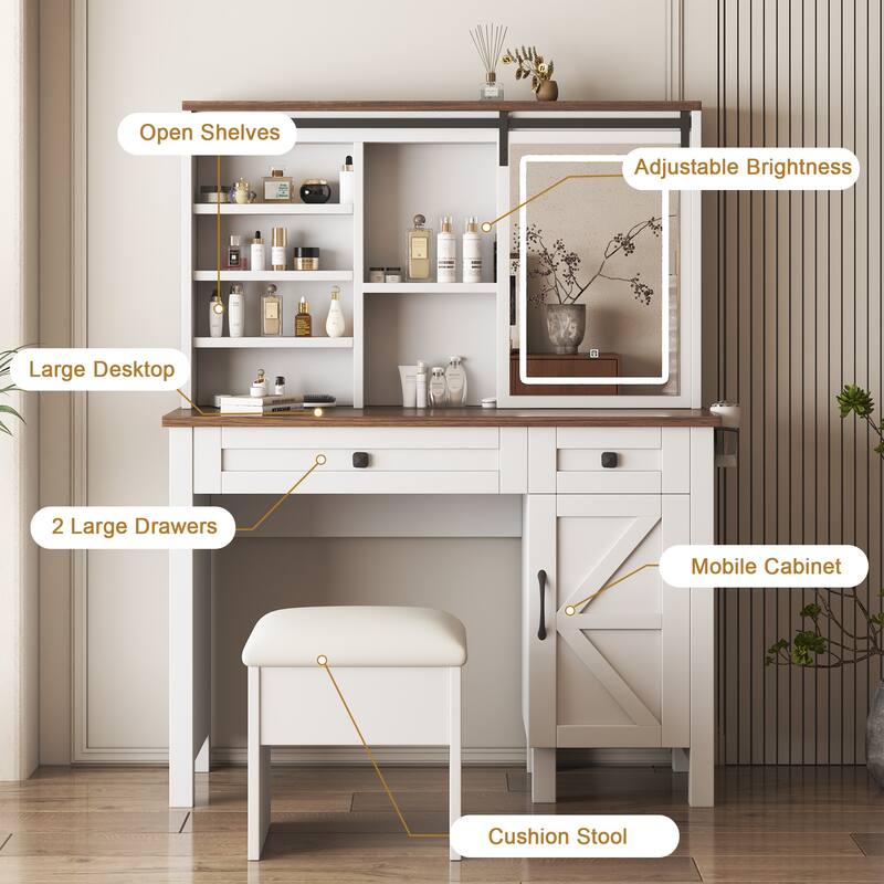 Vanity Desk With Mirror and Lights, Makeup Desk with Storage Shelves and 2 drawer, Vanity Set witn Storage Cabinet