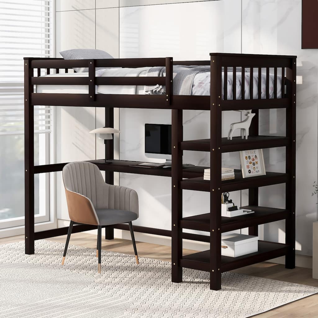 Twin Size Loft Bed with Storage Shelves and Under-bed Desk in Espresso