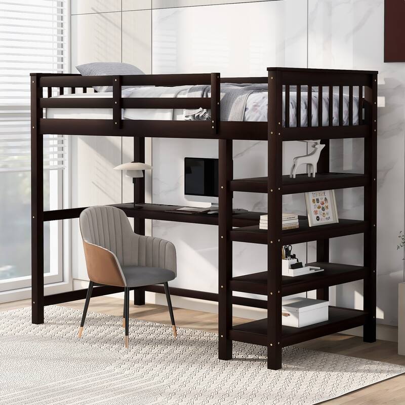 Twin Size Loft Bed with Storage Shelves and Under-bed Desk in Espresso - Espresso