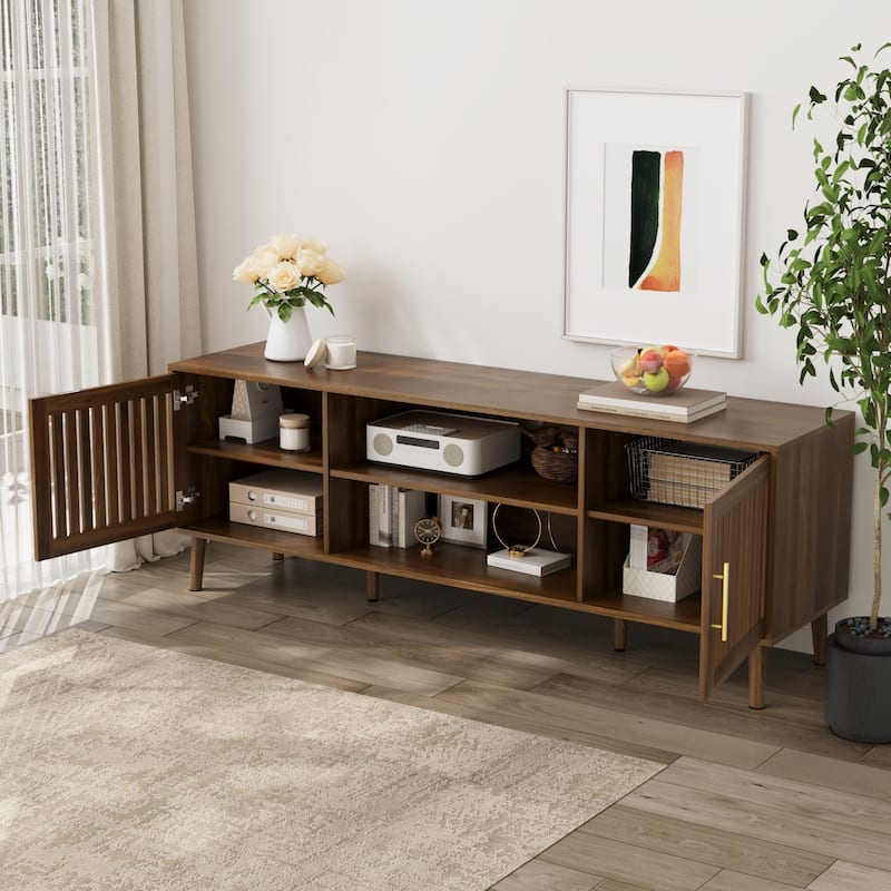 63 inch TV Stand with 2 Grille Door Cabinets and Adjustable Storage Rack, Farmhouse Entertainment Center with Storage Space