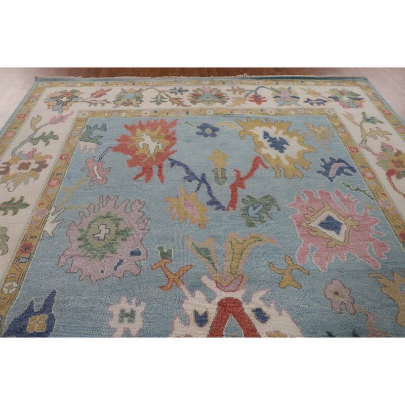 Light Blue Floral Oushak Oriental Area Rug Handmade Wool Carpet - 9'0"x 11'9"