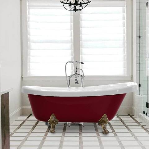 Vanity Art 66.9 Inch Freestanding Red Acrylic Bathtub Modern Stand Alone Soaking Tub with Antique Gold & Pop-up Drain