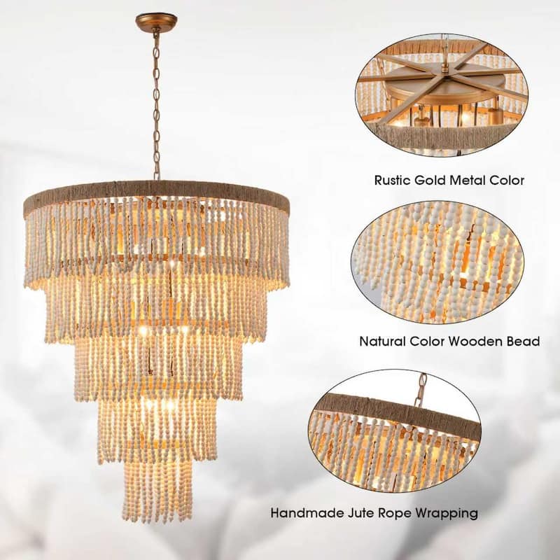 Bohemian Tiered Wood Beads Shade 9-Light Coastal Chandelier Light