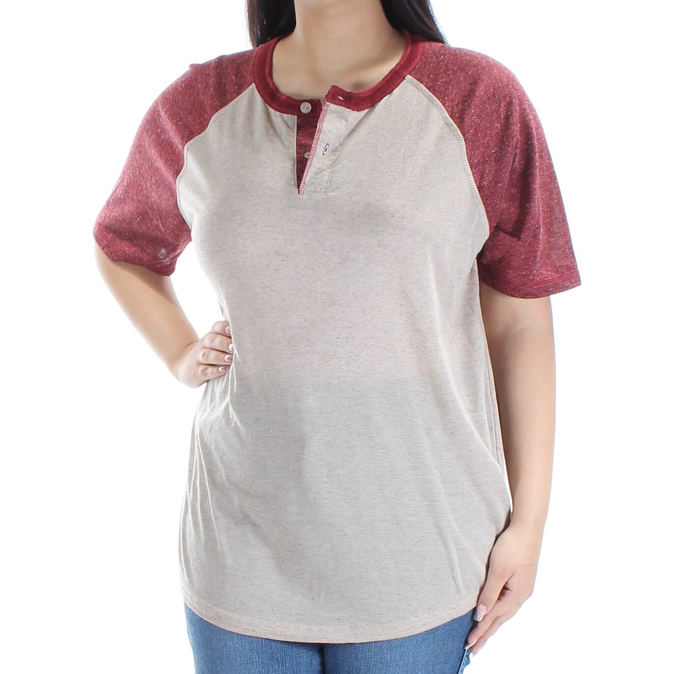 Shop Womens Beige Maroon Short Sleeve Jewel Neck T Shirt Top Size