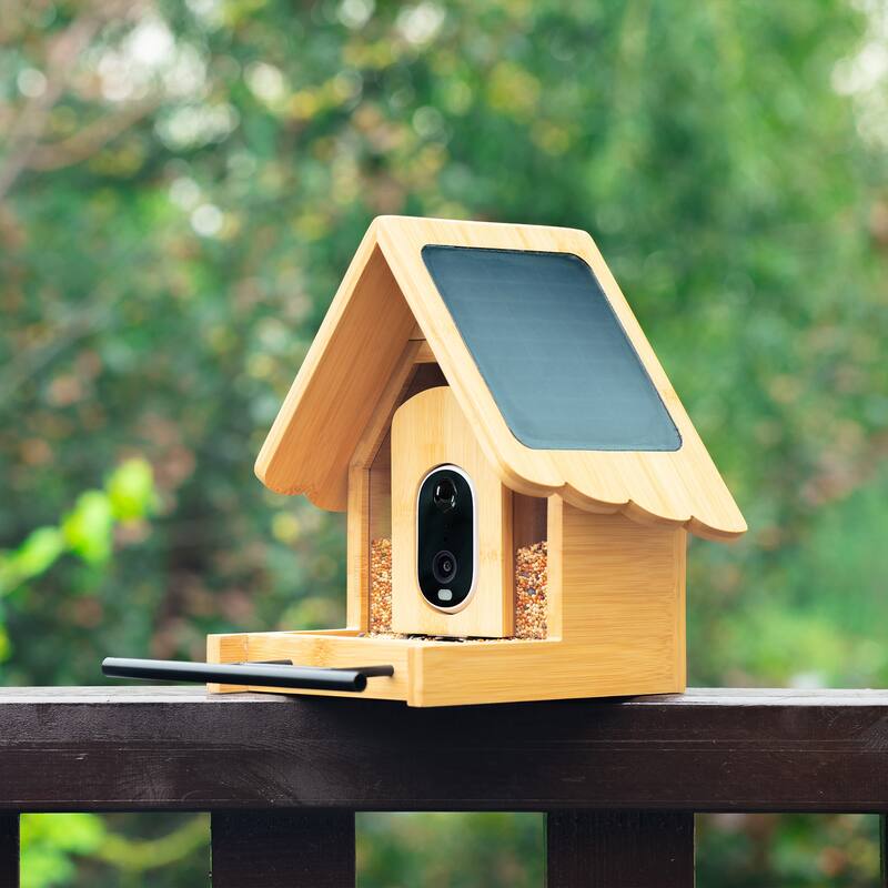 Smart Solar Bamboo Bird Feeder with Camera and AI Identify Bird Species - 9.8" W x 9.57" D x 7.87" H