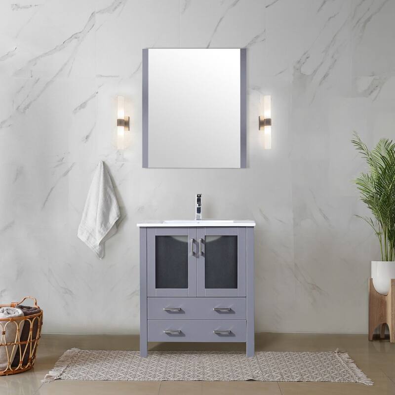 Bathroom Vanity with Ceramic Top, 28" x 32" Mirror, Soft Close Cabinet & Drawers, Scratch & Stain Resistant