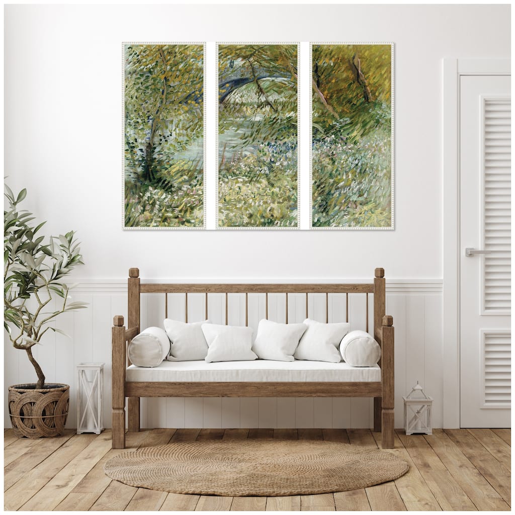 Kate and Laurel Vincent van Gogh River Bank in Springtime 1887 3 Piece Framed Canvas Wall Art Set by Nostalgia Prints