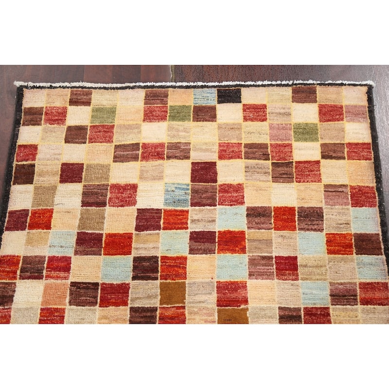 Checkered Gabbeh Kashkoli Oriental Area Rug Hand-knotted Wool Carpet - 3'4" x 4'10"