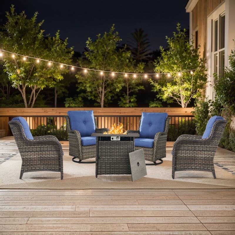 Gymojoy 5-Piece Outdoor Furniture Conversation Set, 2 Swivel Chairs, 2 Patio Chairs & 55K BTU Fire Pit Table - Grey Wicker / Blue Cusion - 5-Piece